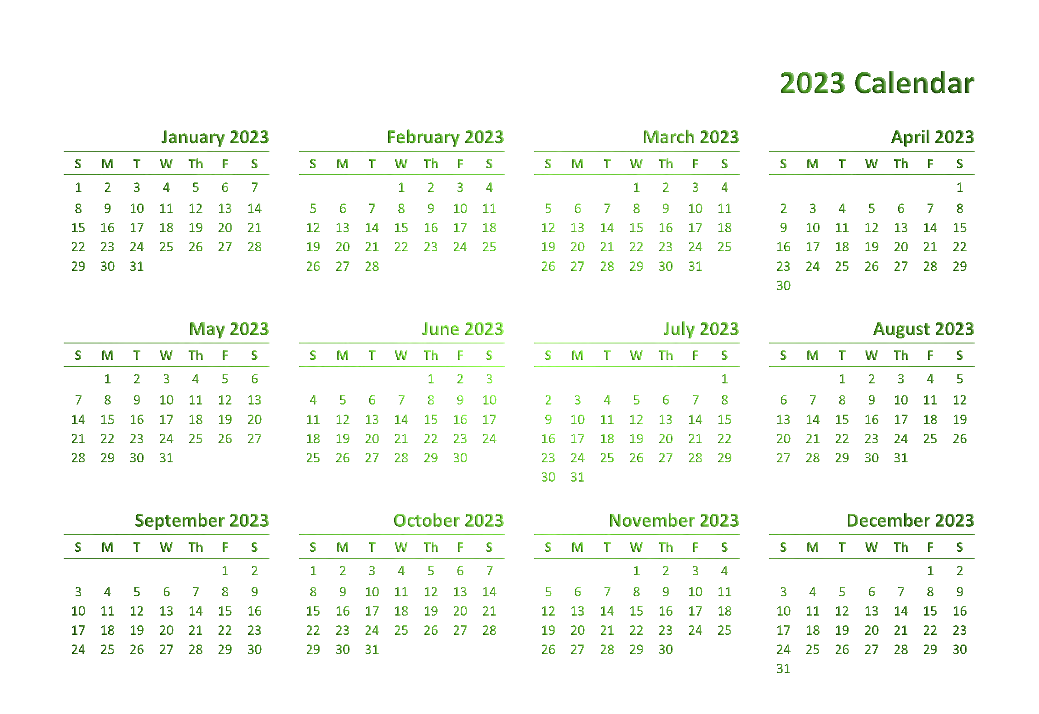 Календарь 2023. Календарь без фона. Календарная сетка зеленая. Красивый календарь на 2023 год.
